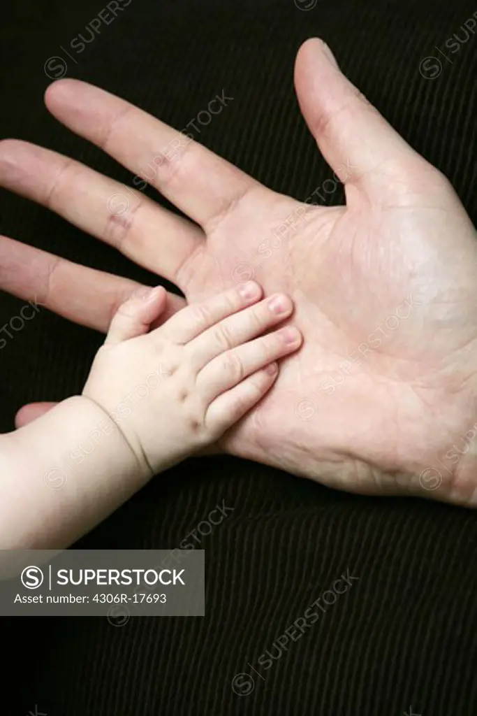 An adult hand and a baby hand.