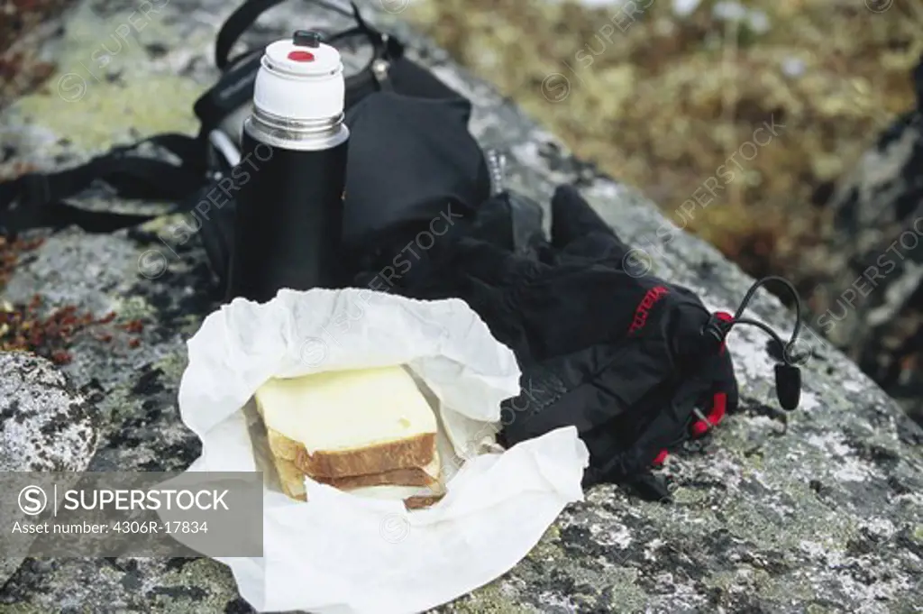 Sandwich and flask on top of rock