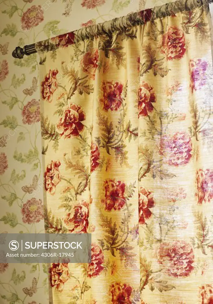 Flowery wallpaper and curtain, Sweden.