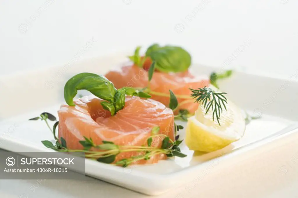 Raw spiced salmon, close-up.