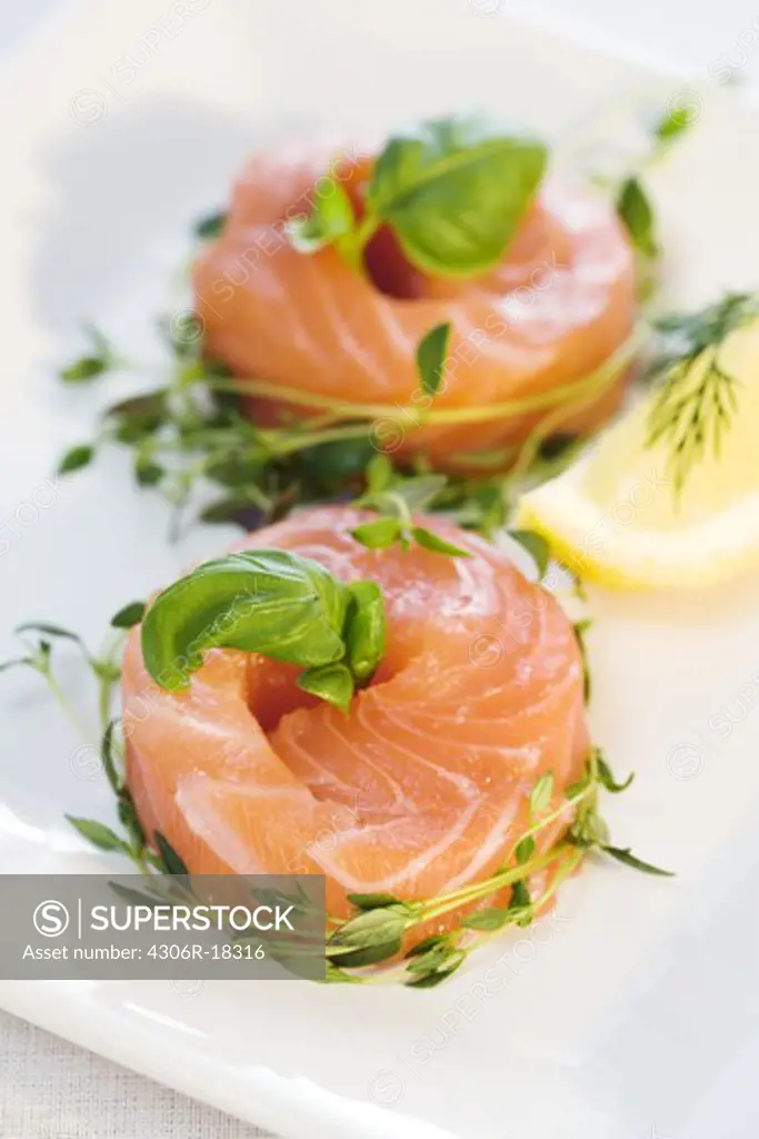 Raw spiced salmon, close-up.