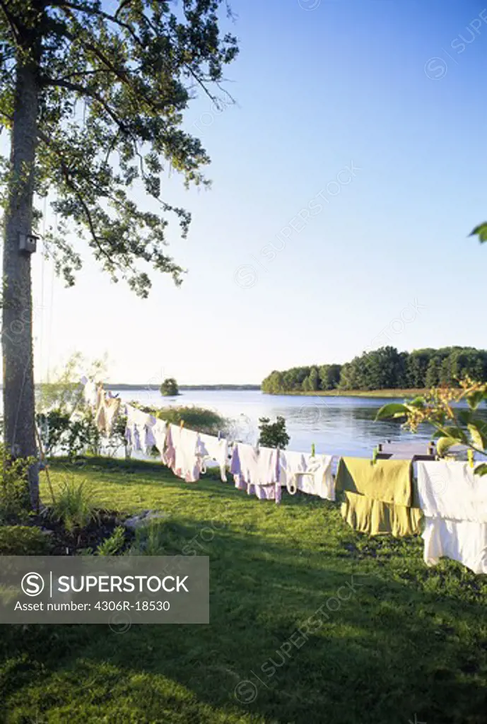 Laundry drying by the water, Sweden.