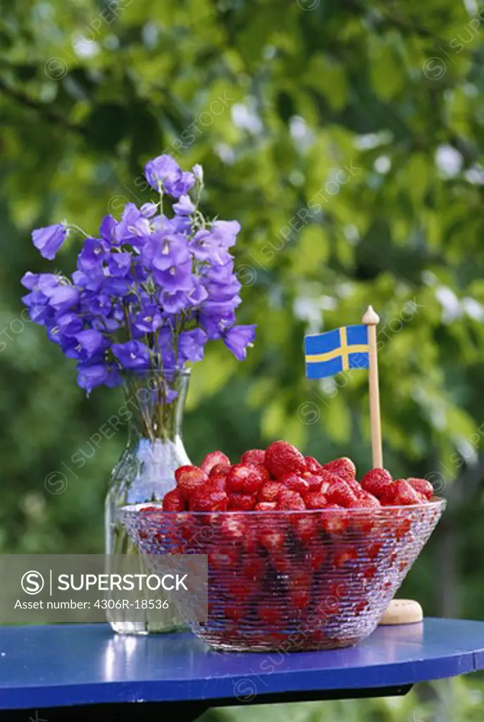 Strawberries in a bowl in a garden, Sweden.