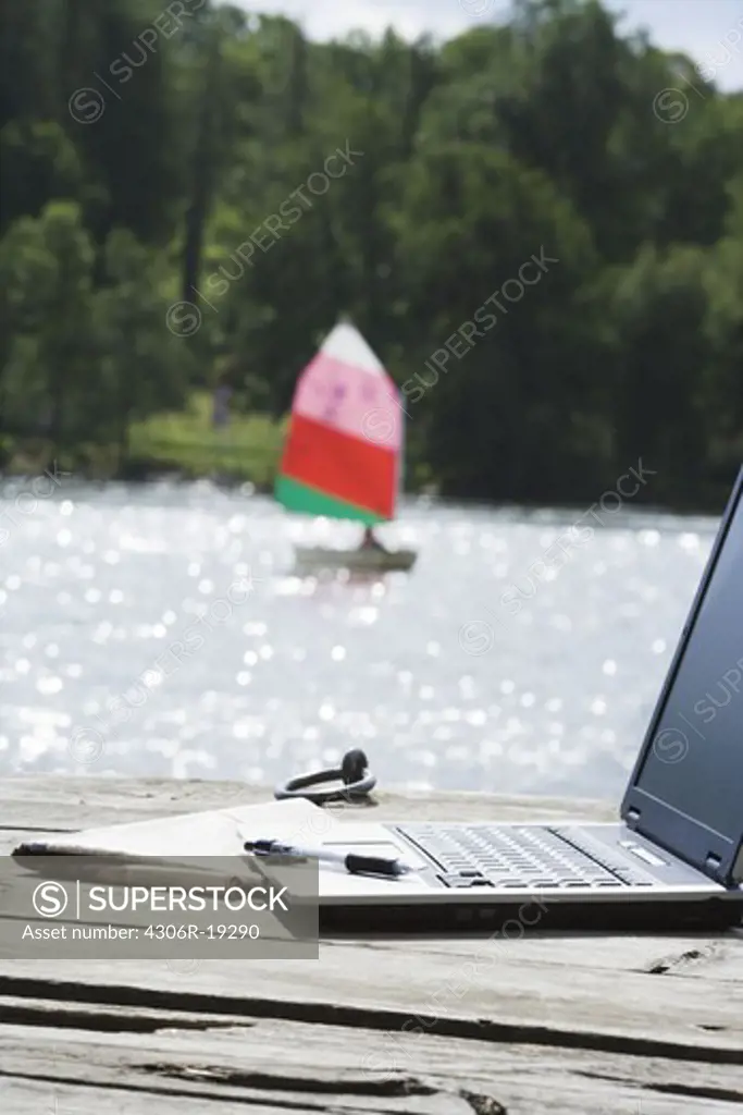 A laptop on a jetty, Sweden.