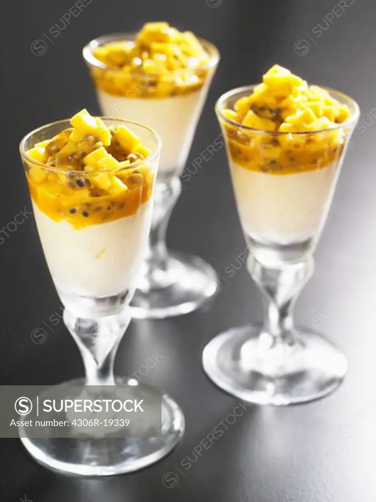 Mousse with tropical fruits.