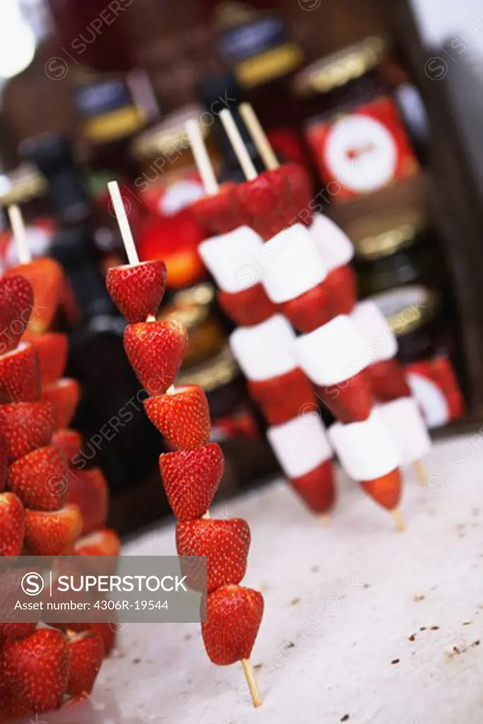 Strawberries and marshmallows on skewers, South Africa.