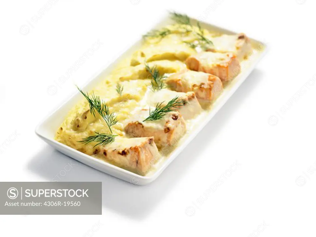 Salmon au gratin with cheese, Sweden.