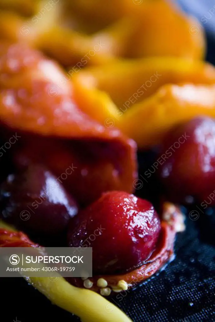 Blanched red pepper and chilli fruits, close-up, Sweden.