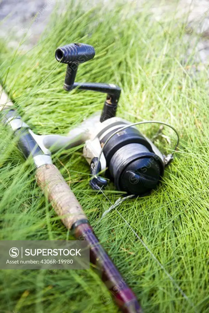 Casting rod in grass, close-up, Norway.