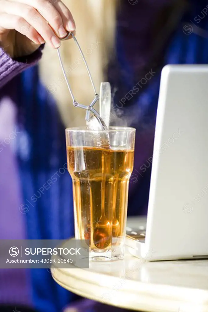Young woman sitting in a cafe with a cup of tea, using a laptop, Sweden.