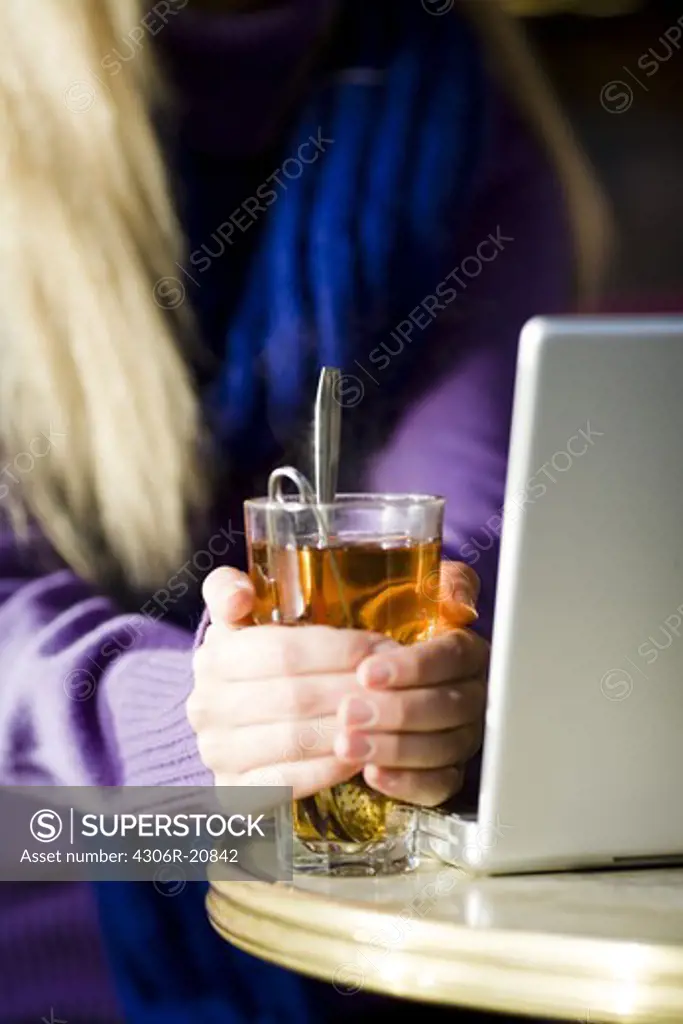 Young woman sitting in a cafe with a cup of tea, using a laptop, Sweden.