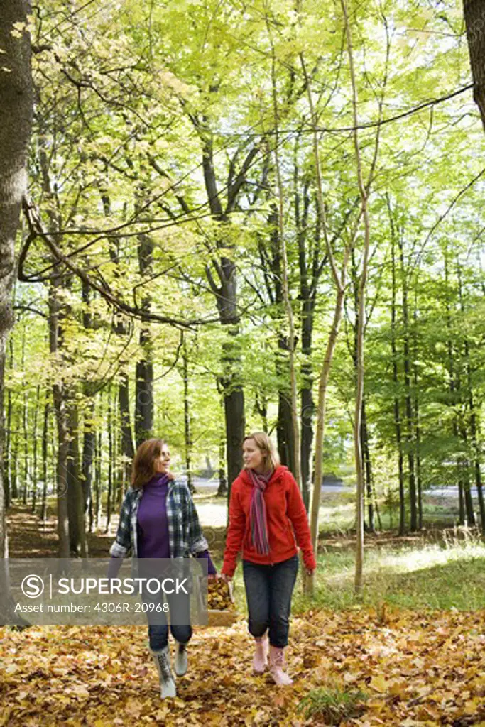 Mother and daughter walking in a forest, Stockholm, Sweden.
