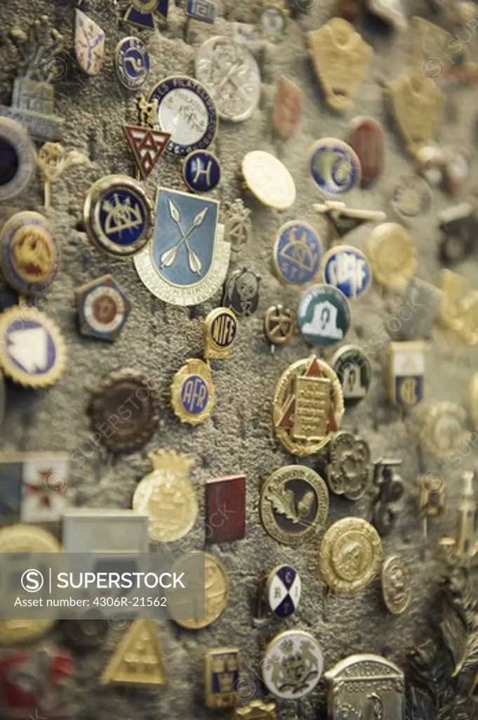 Medals attached to a wall, Sweden.