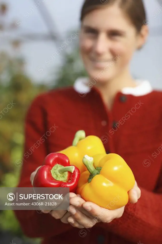 Woman holding ecological yellow and red peppers in her hands, Sweden.