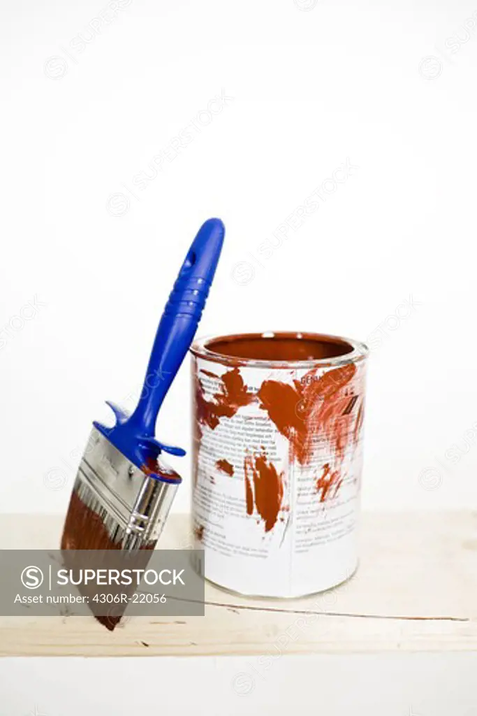 Paintbrush, red paint and a paint bottle.