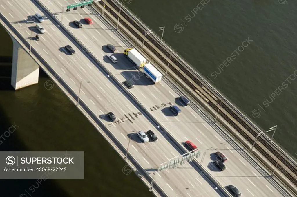 Aerial view of traffic on bridge