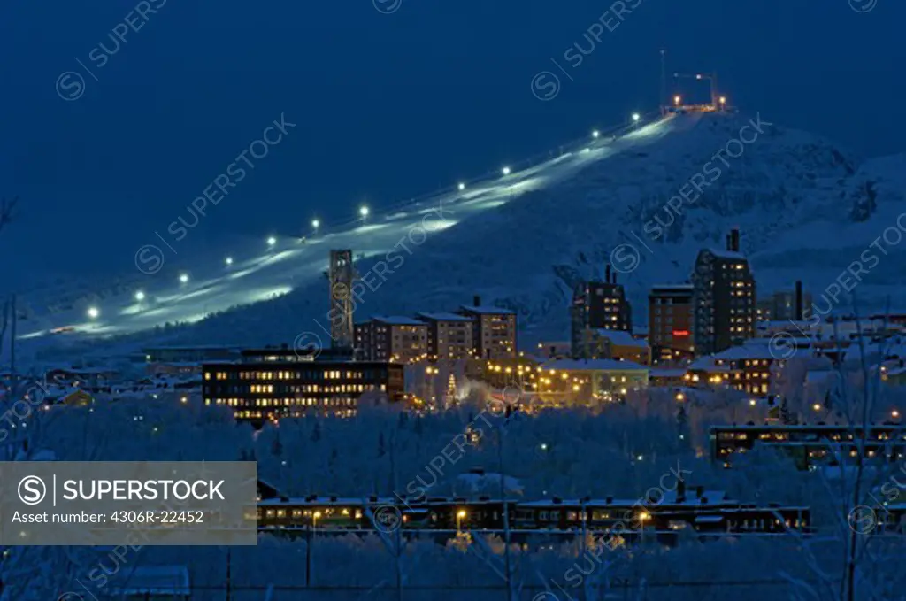 View over a town by night, Kiruna, Sweden.