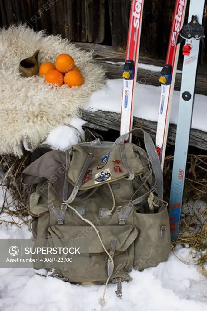Skis by a backpack, Sweden.