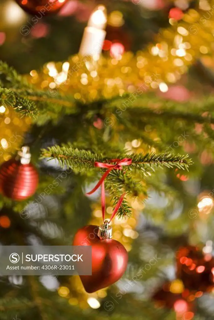 A close-up of a decorated Christmas tree.