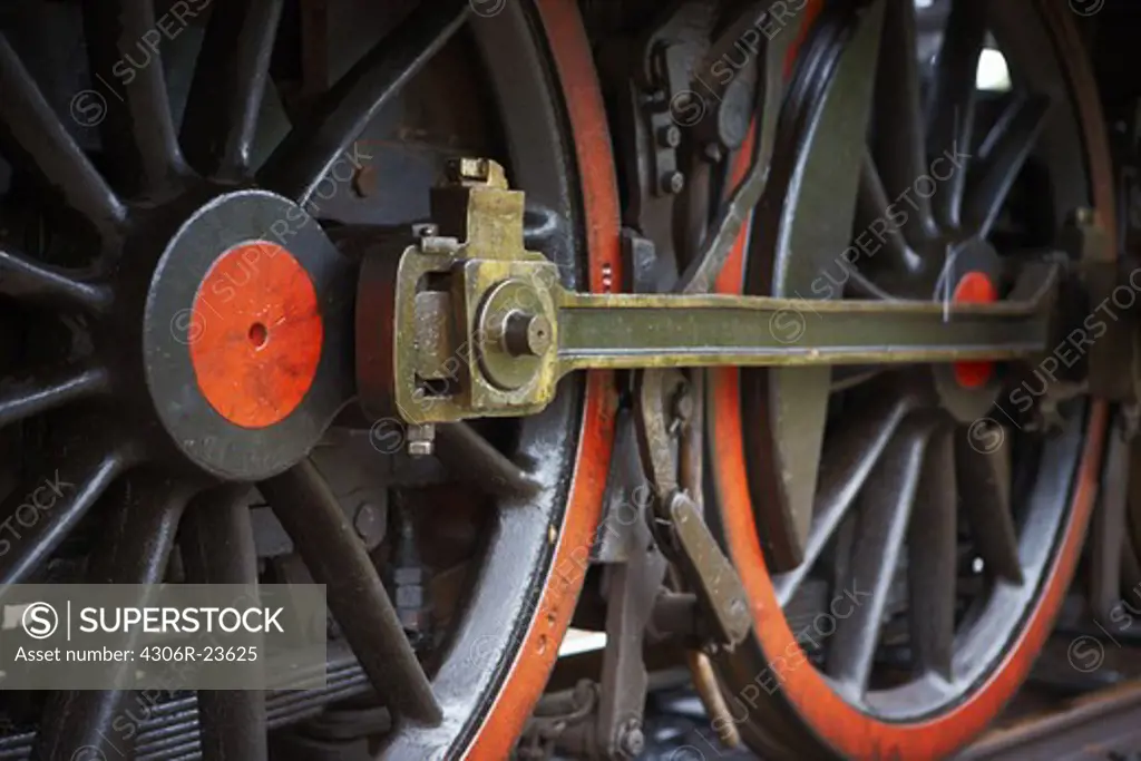 The wheels of an old black steam engine, Sweden.