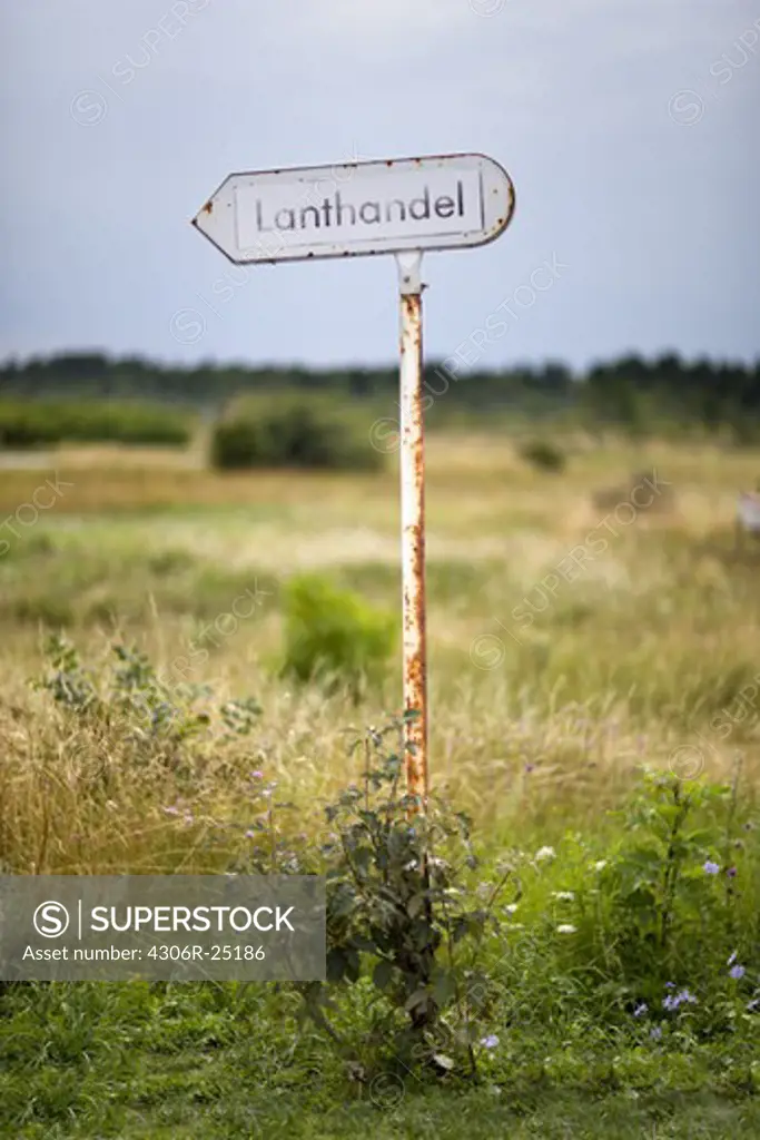 Rusty sign in grass land