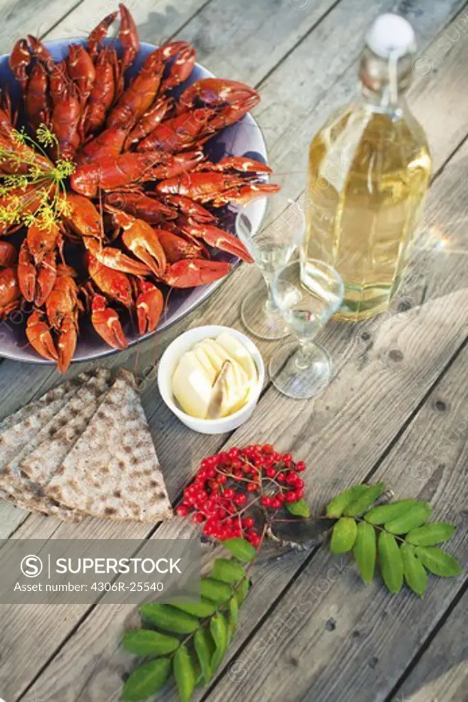 Meal with crayfishes on outdoor table