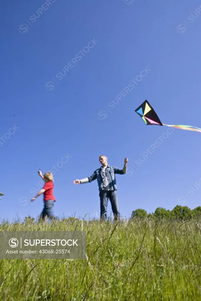 Father and son  flying kite
