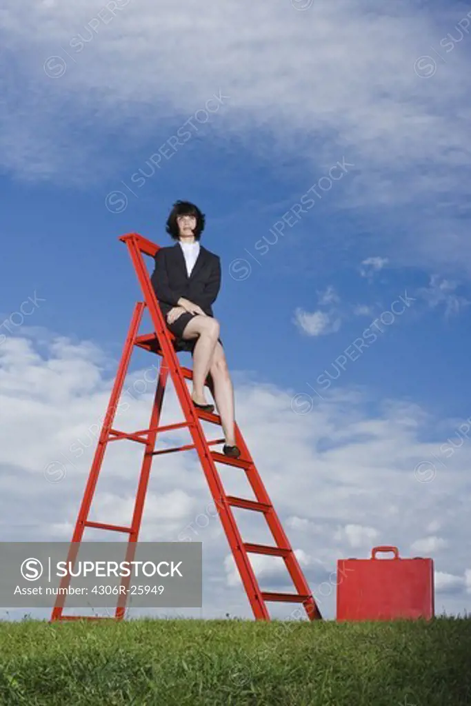 Businesswoman with red briefcase sitting on top of red ladder in grass field