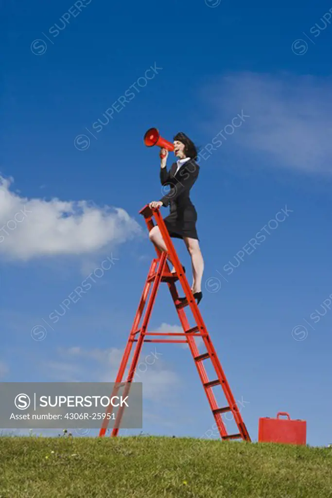 Businesswoman with red briefcase standing on top of red ladder in grass field and shouting through red megaphone