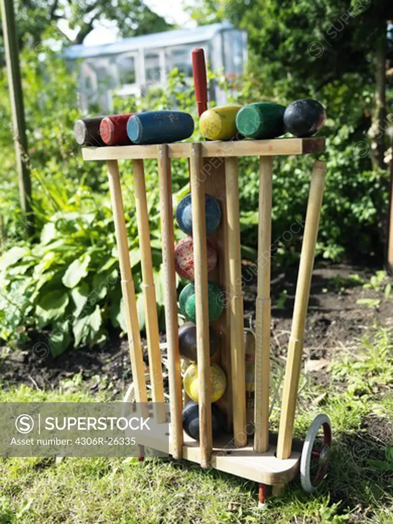 Croquet set on cart in garden