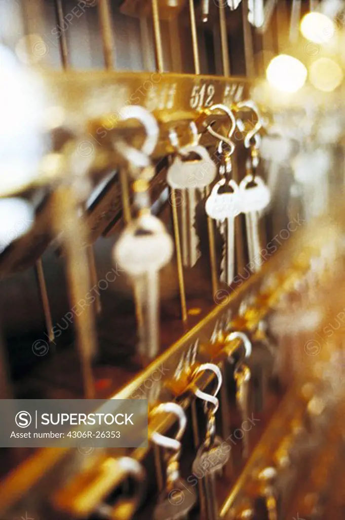 Close up of hotel keys on hooks