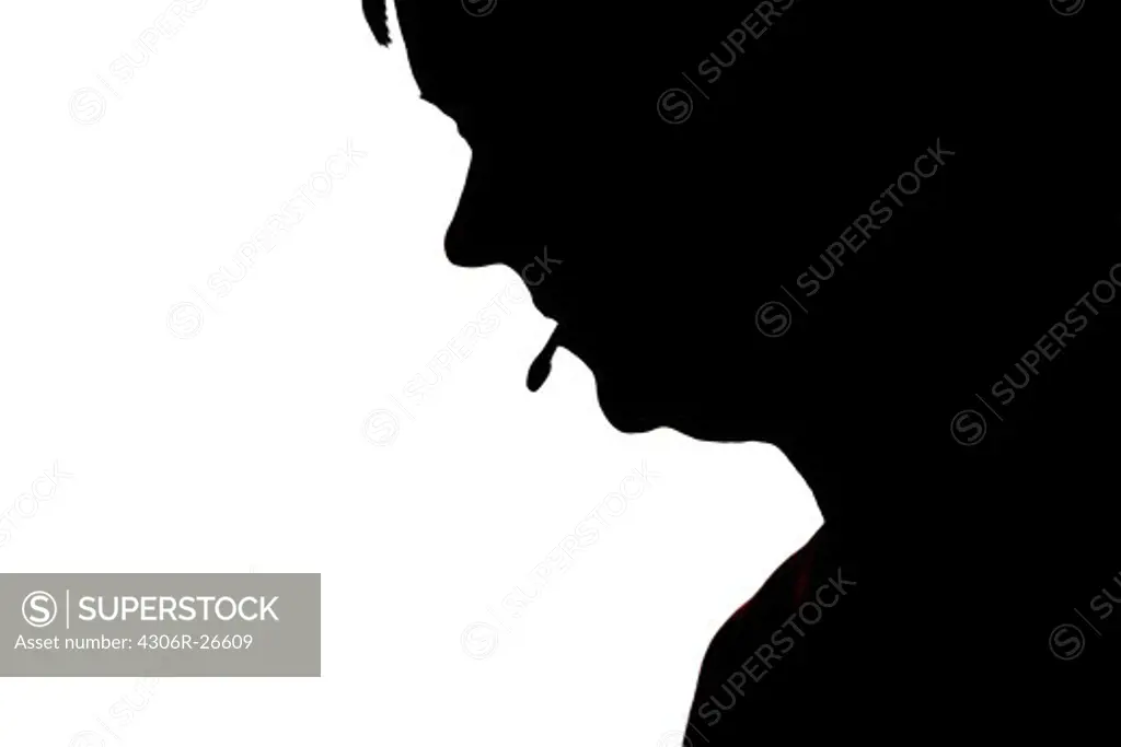Silhouette of woman smoking cigarette on white background