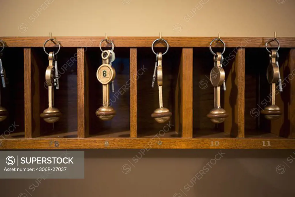 Row of hotel keys, close-up