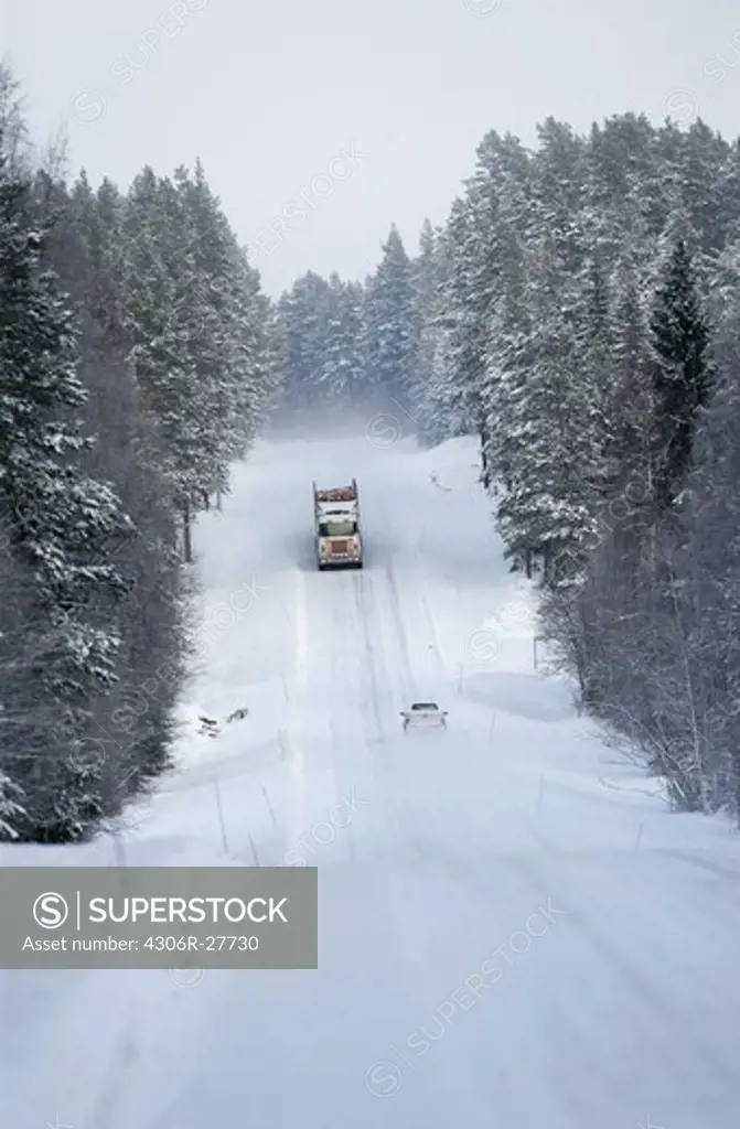 Lorry on snow covered road