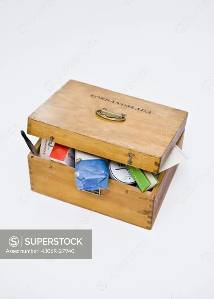Wooden medicine box against white background