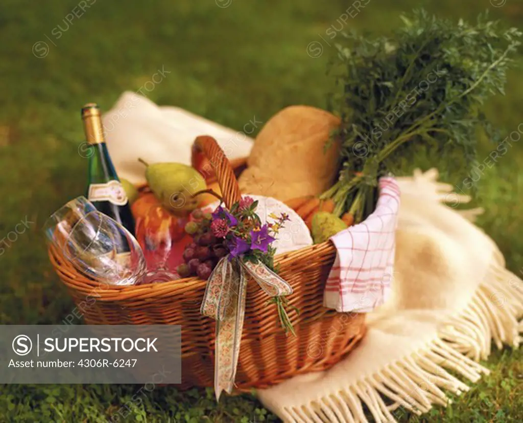 Picnic basket containing wine bottle, fruit and glasses on blanket