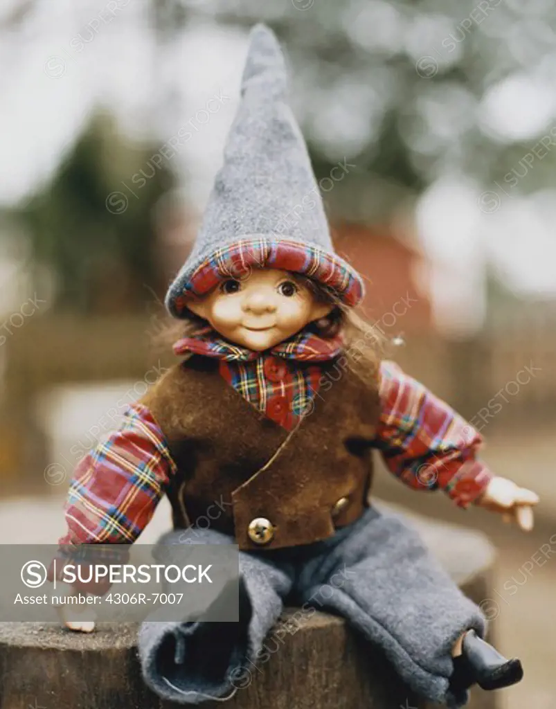 Doll wearing hat and waistcoat on tree trunk