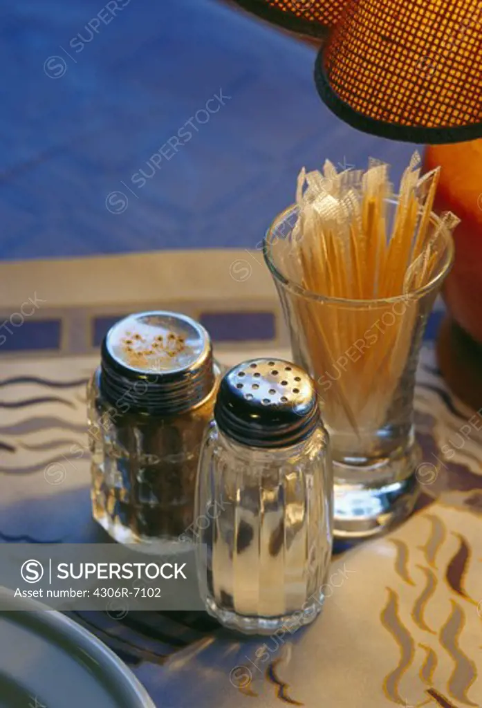 Salt and pepper cellars with glass of toothpick on table