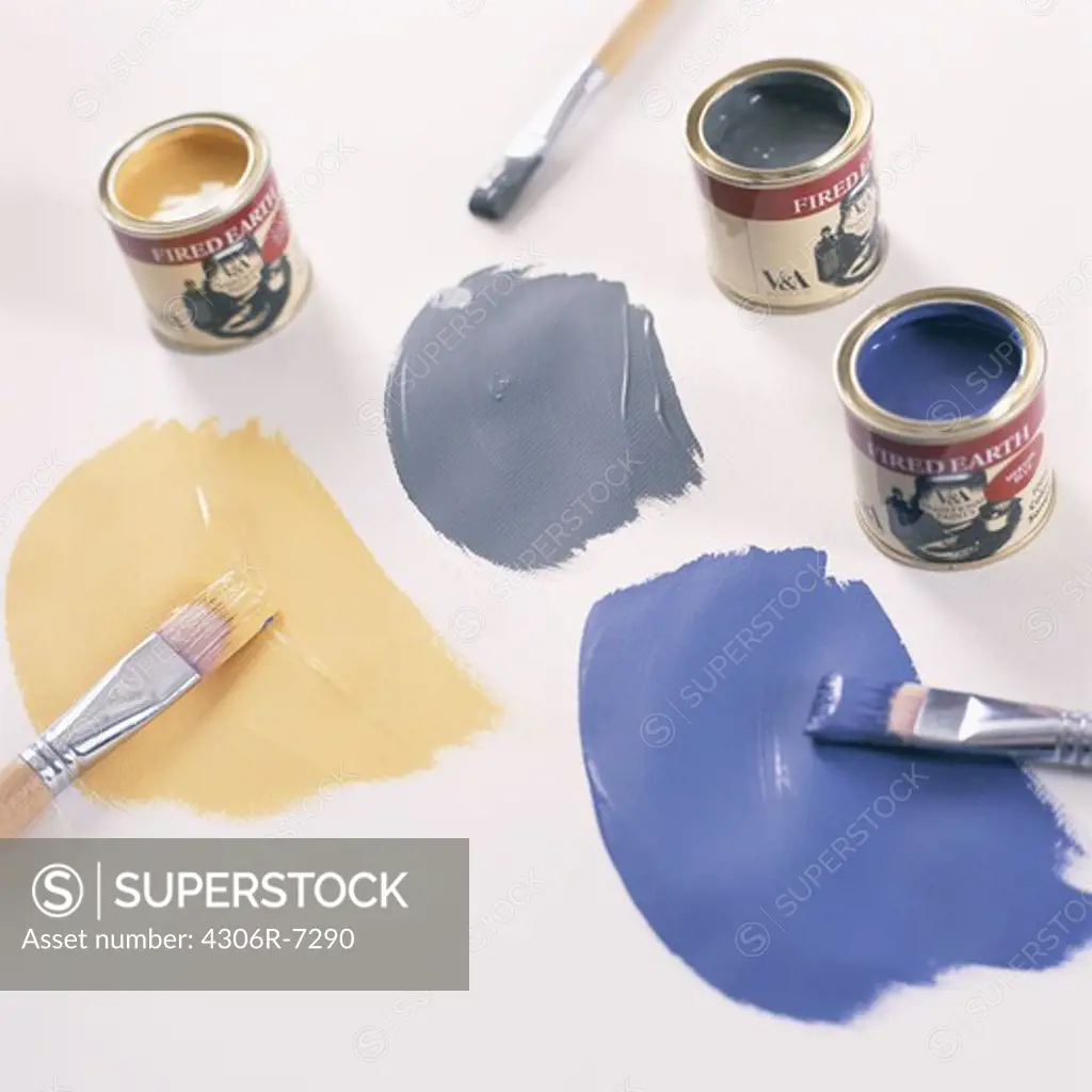 Paint, paint brushes, paint tins against white background