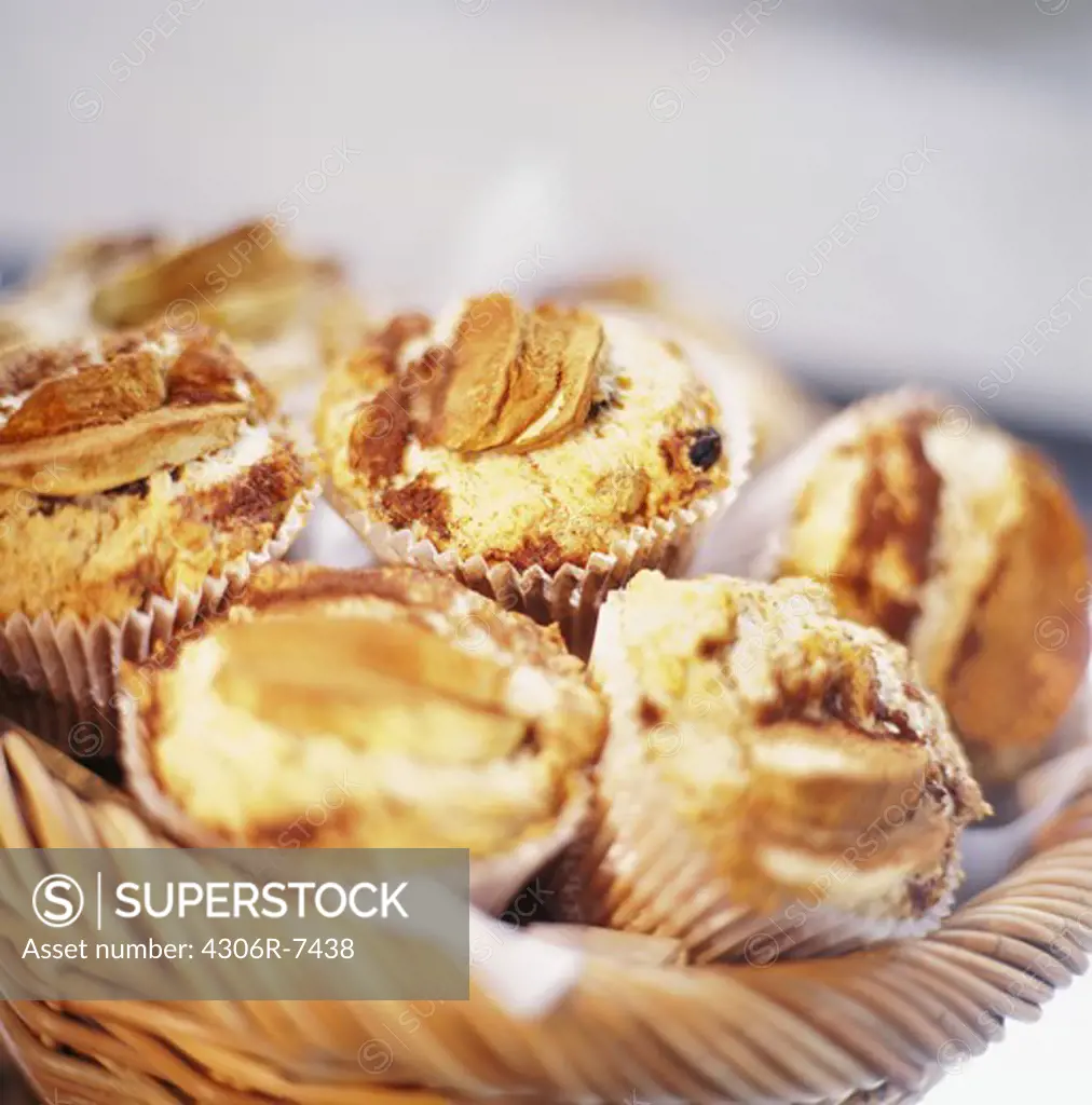 Medium group of muffins in basket, close-up
