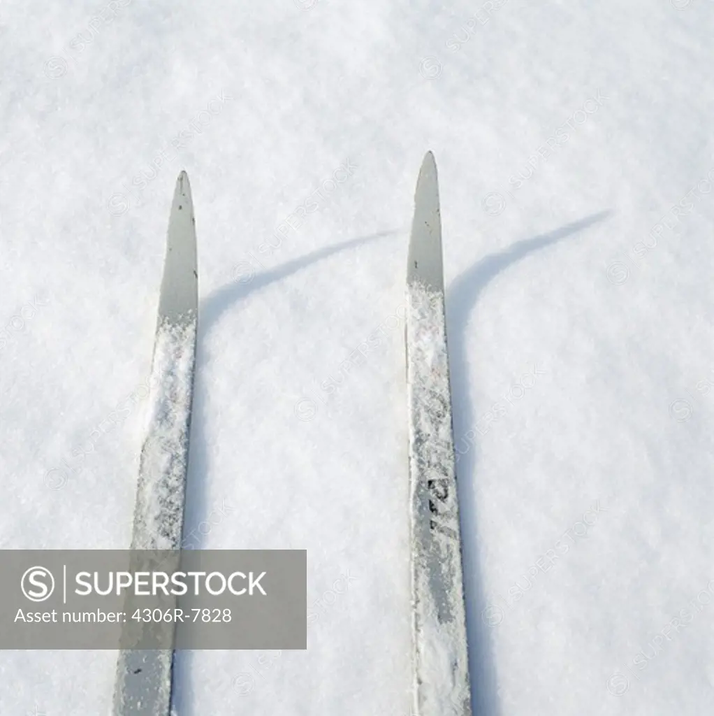 Pairs of ski in snow, close-up