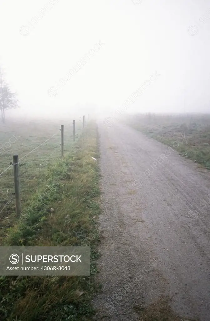 Foggy gravelled road with fence and grass on sides