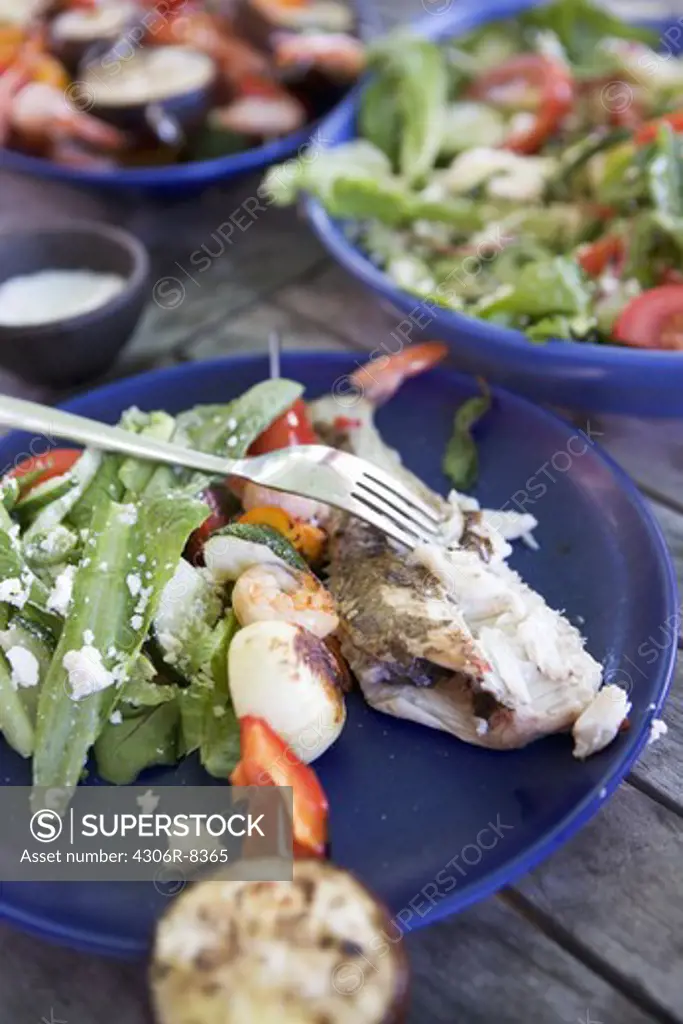 Fish with vegetable salad on plate with fork, close-up