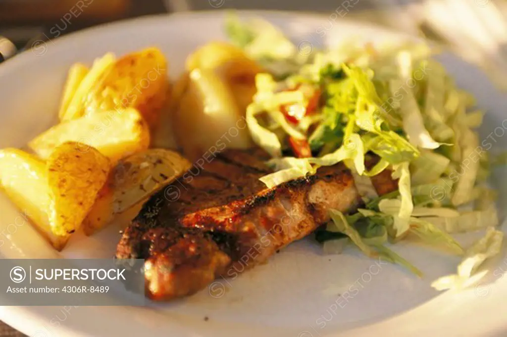 Meat with potato salad on plate, close-up