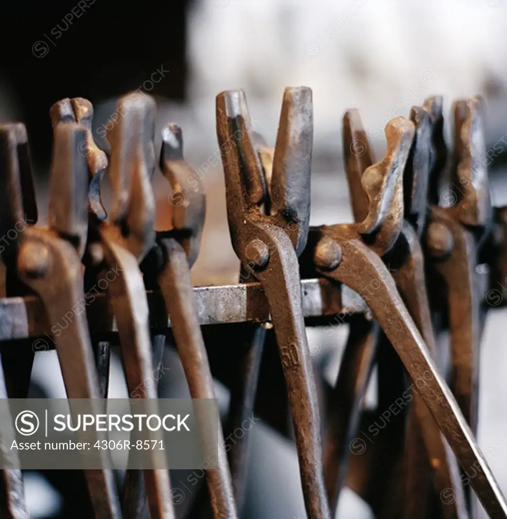 Row of work tools, close-up