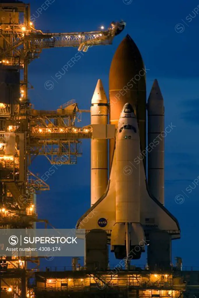 Space Shuttle Atlantis on Launch Pad, Evening
