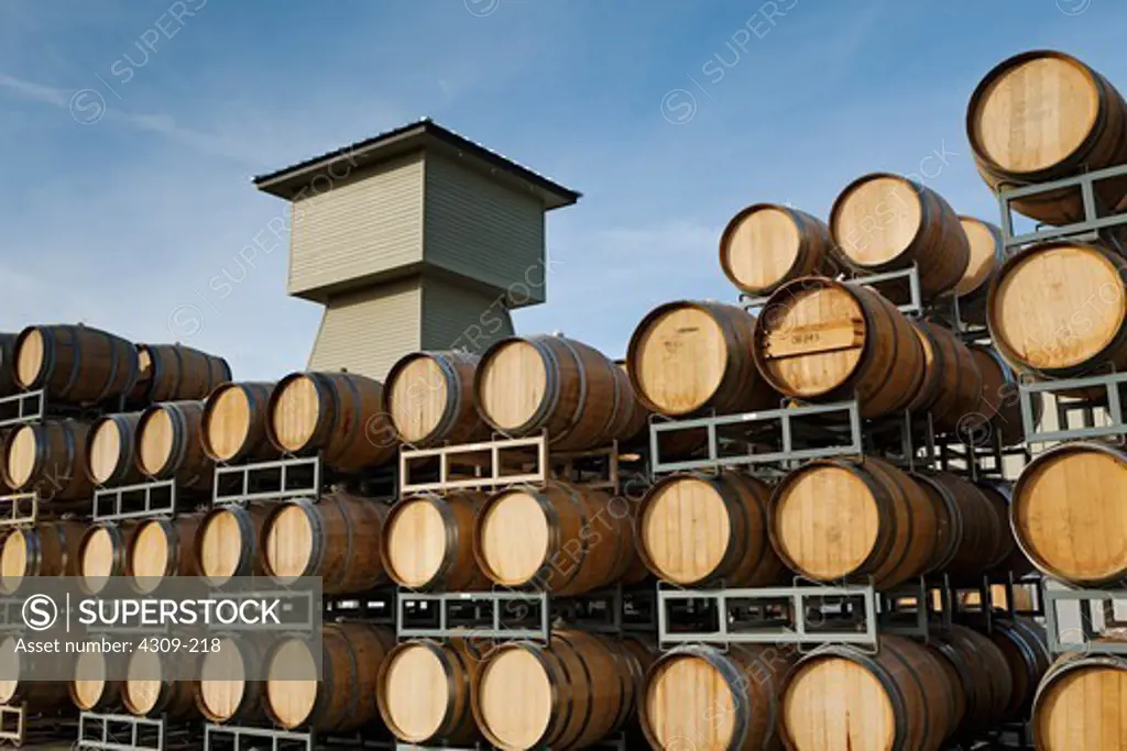 Barrels stacked up behind a Winery in Prosser, Washington.
