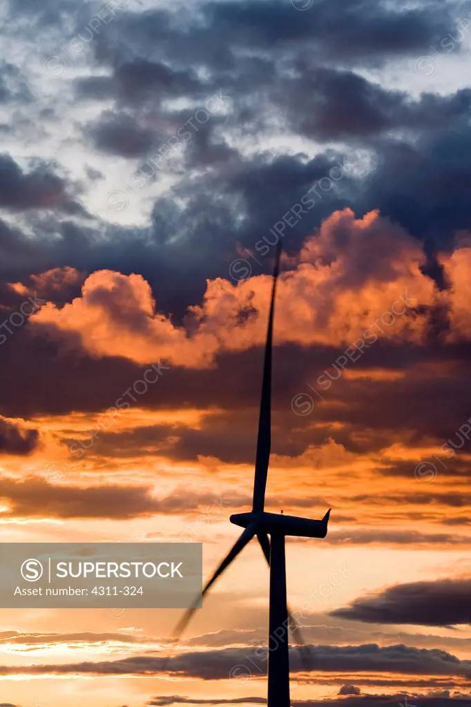 Silhouette of a wind turbine at sunset, Nine Canyon Wind Project, Richland, Washington State, USA