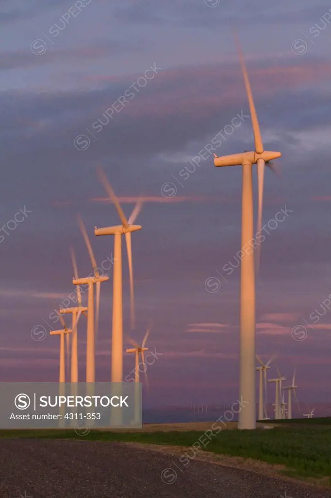 Wind turbines in a farm at sunset, Nine Canyon Wind Project, Richland, Washington State, USA