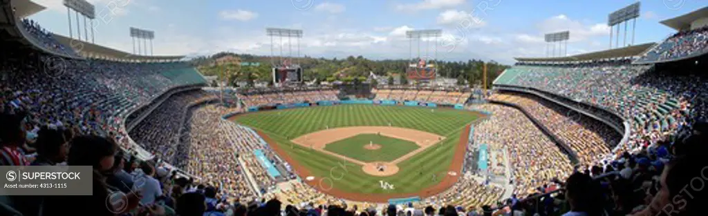 Panorama of Dodger Stadium, Chavez Ravine, Los Angeles, California. Home of baseball's Los Angeles dodgers.